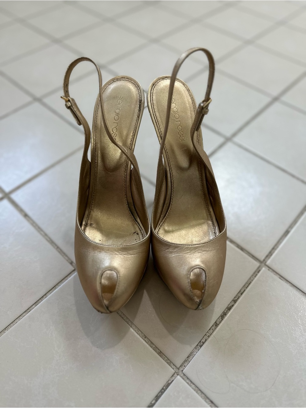 Sergio Rossi Metallic Gold Slingback Peep-Toe Heels